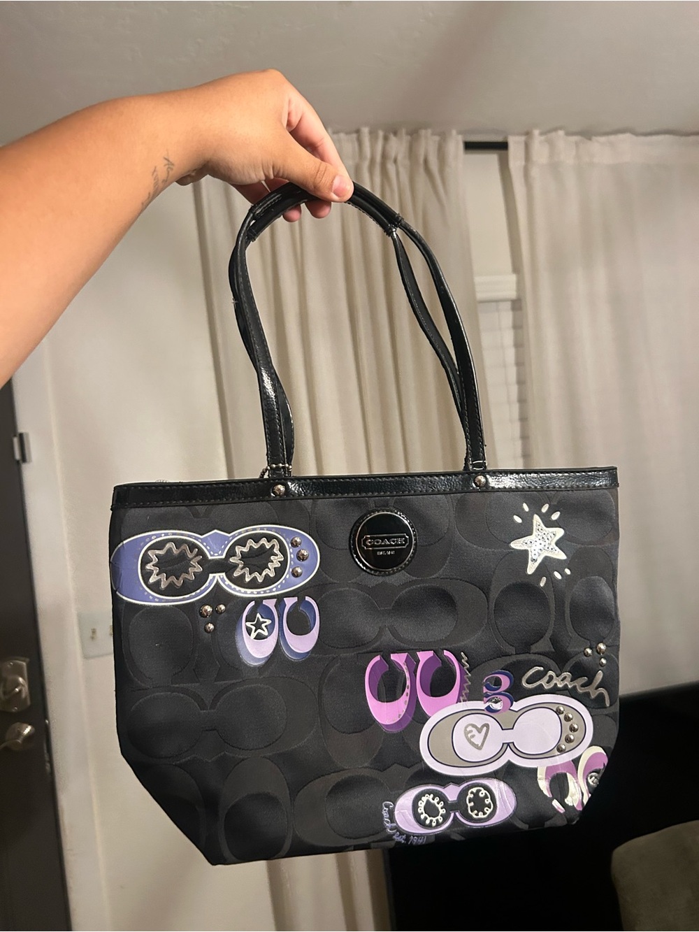 Coach Black Tote with Purple and Lilac Graphic Accents